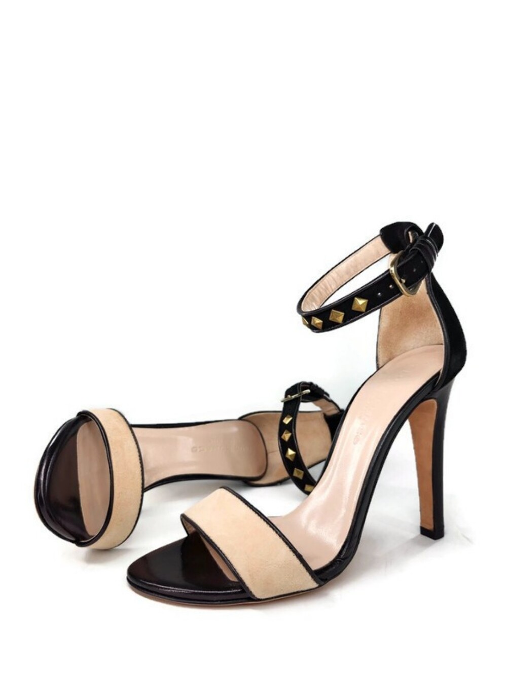 Club Monaco Casey Cream Calf- Hair Black Suede Studs Open-Toe High Heel Sandals